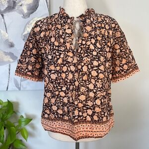 Faherty Organic Cotton Boho Floral Peasant Blouse Tassel Tie Neck Indie Size M